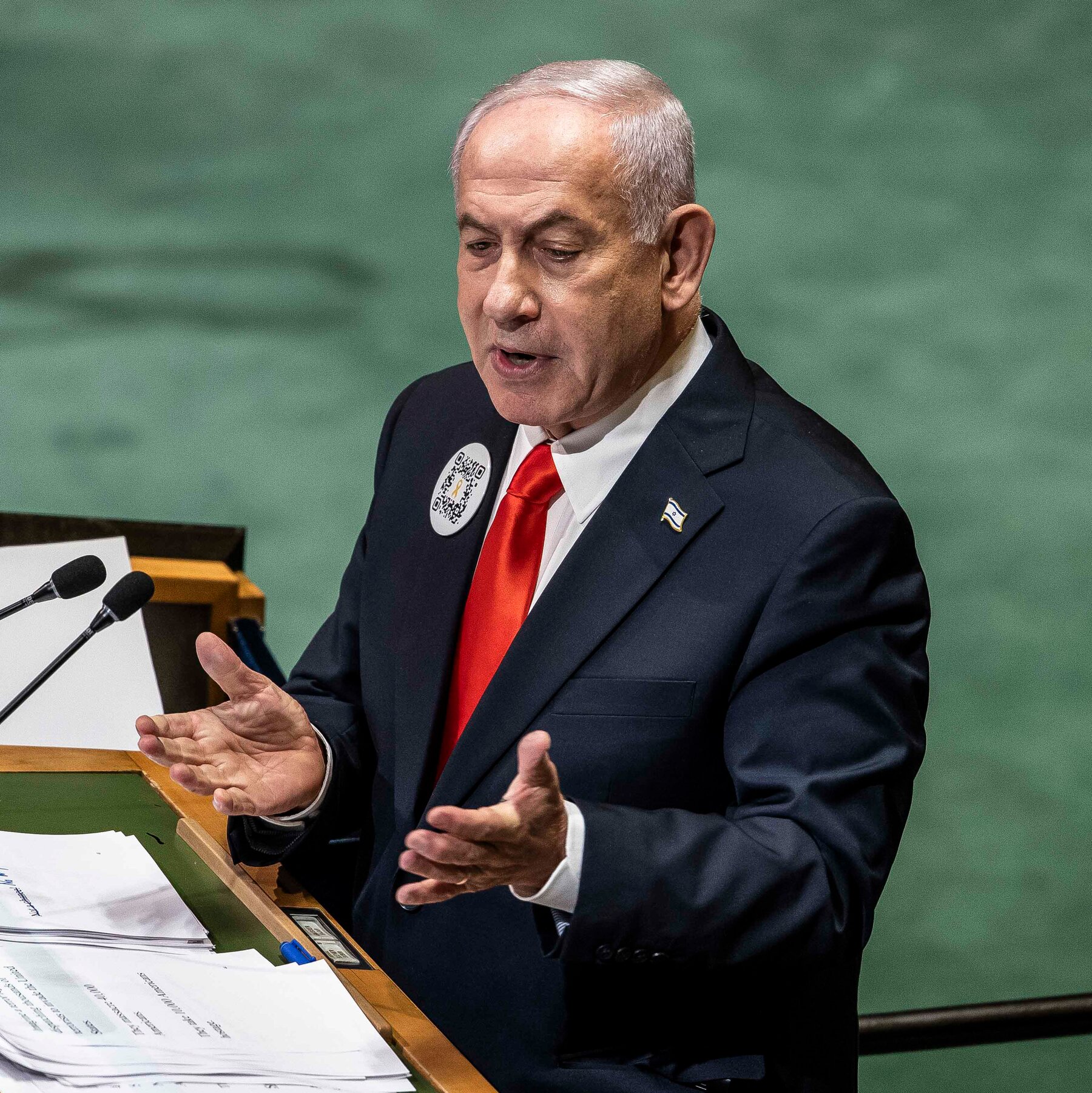 Netanyahu Wears QR Code Referencing Oct. 7 During U.N. Speech