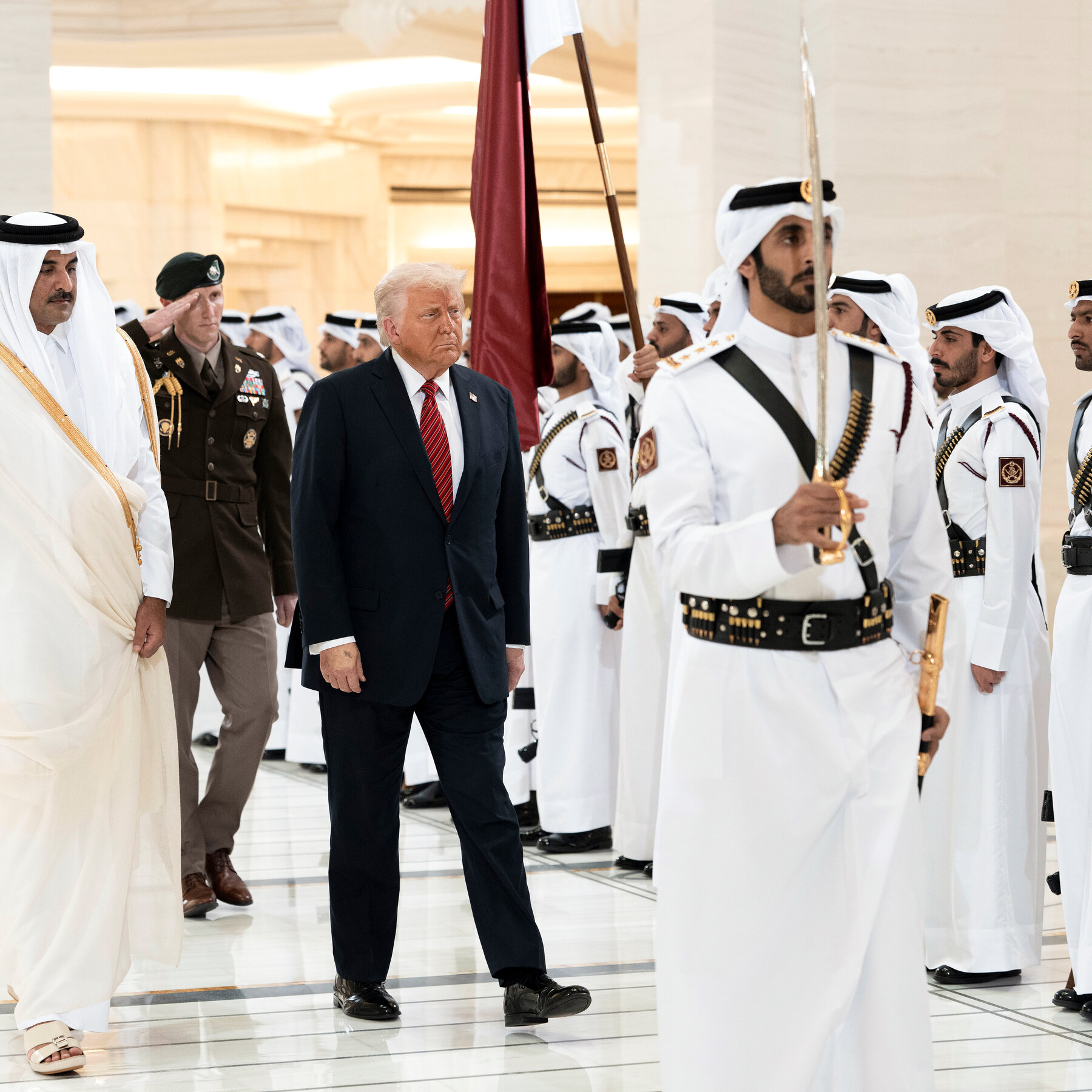 Qatar, not to be outdone, welcomes Trump with camels, swords and ‘perfecto’ marble.