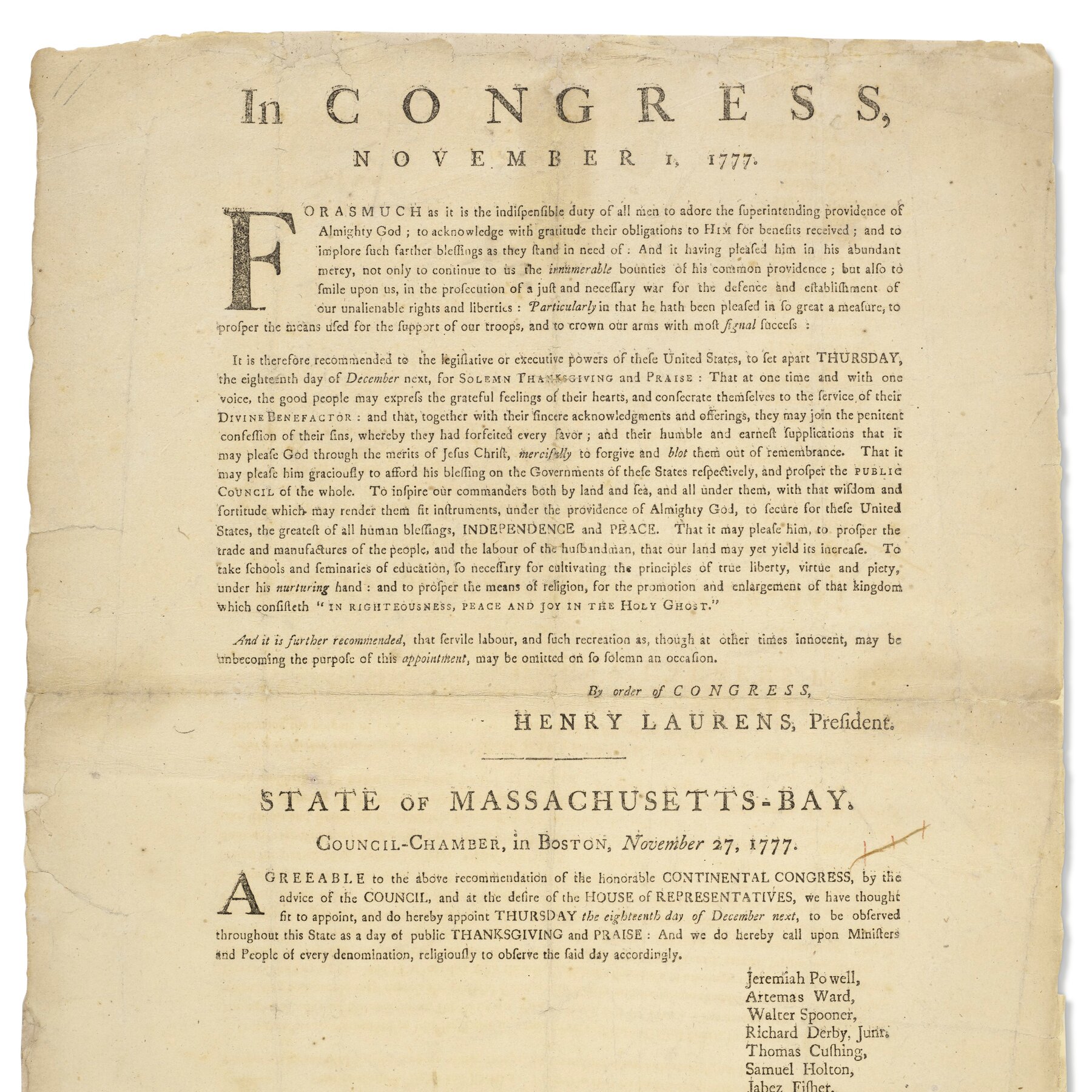 The First Thanksgiving Proclamation, 12 Years Before the Constitution